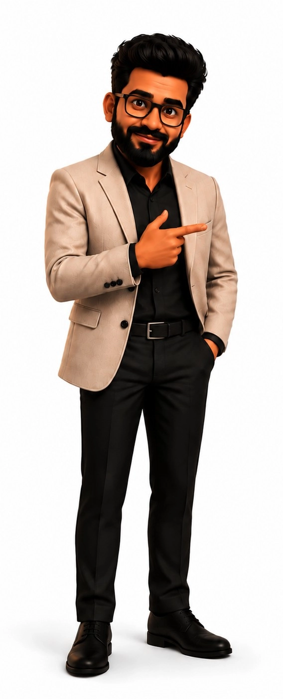 Full-body shot of a person standing in a dark blazer and dark trousers with one hand in their pocket